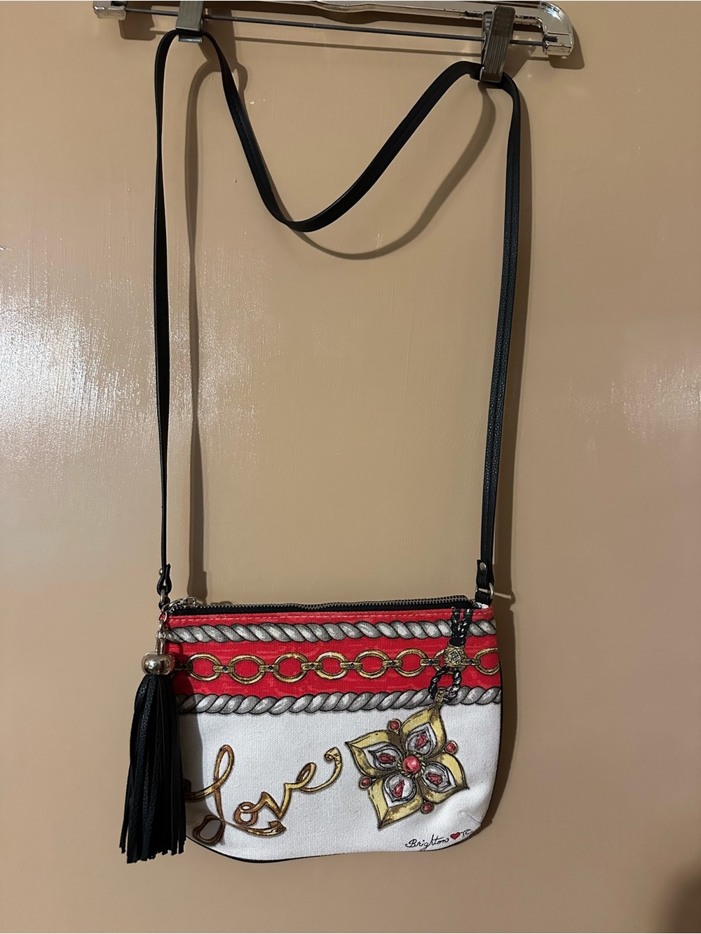 Brighton White and Red Crossbody Bag with Black Tassel